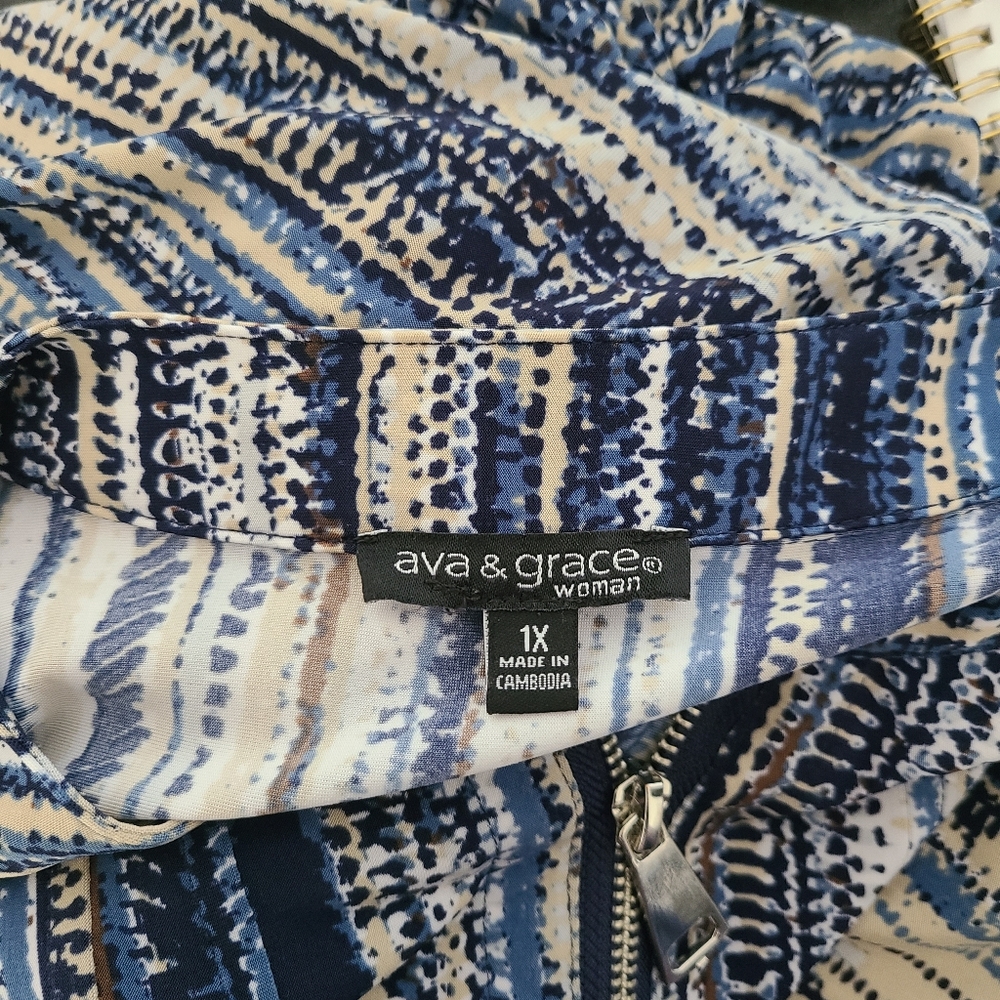 Ava & Grace Navy Multi Color Striped Quarter Zip-Front Blouse Wmns Plus Size 1X - Picture 4 of 4